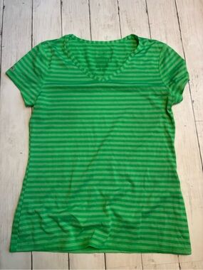 Danskin Bright Green Striped V-Neck Short Sleeve Tee